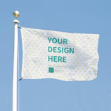 Custom flag with 'YOUR DESIGN HERE' on white, heart pattern, outdoor decor.