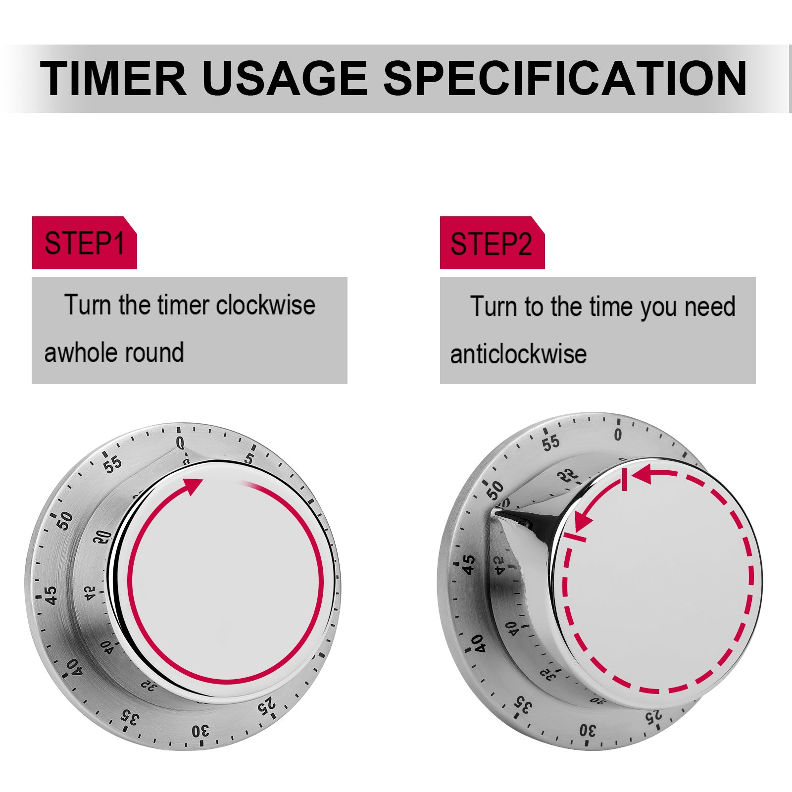 Stainless steel kitchen timer usage: Step 1, turn clockwise; Step 2, set time anticlockwise. Perfect for school kitchens.