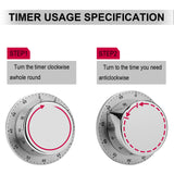 Stainless steel kitchen timer usage: Step 1, turn clockwise; Step 2, set time anticlockwise. Perfect for school kitchens.