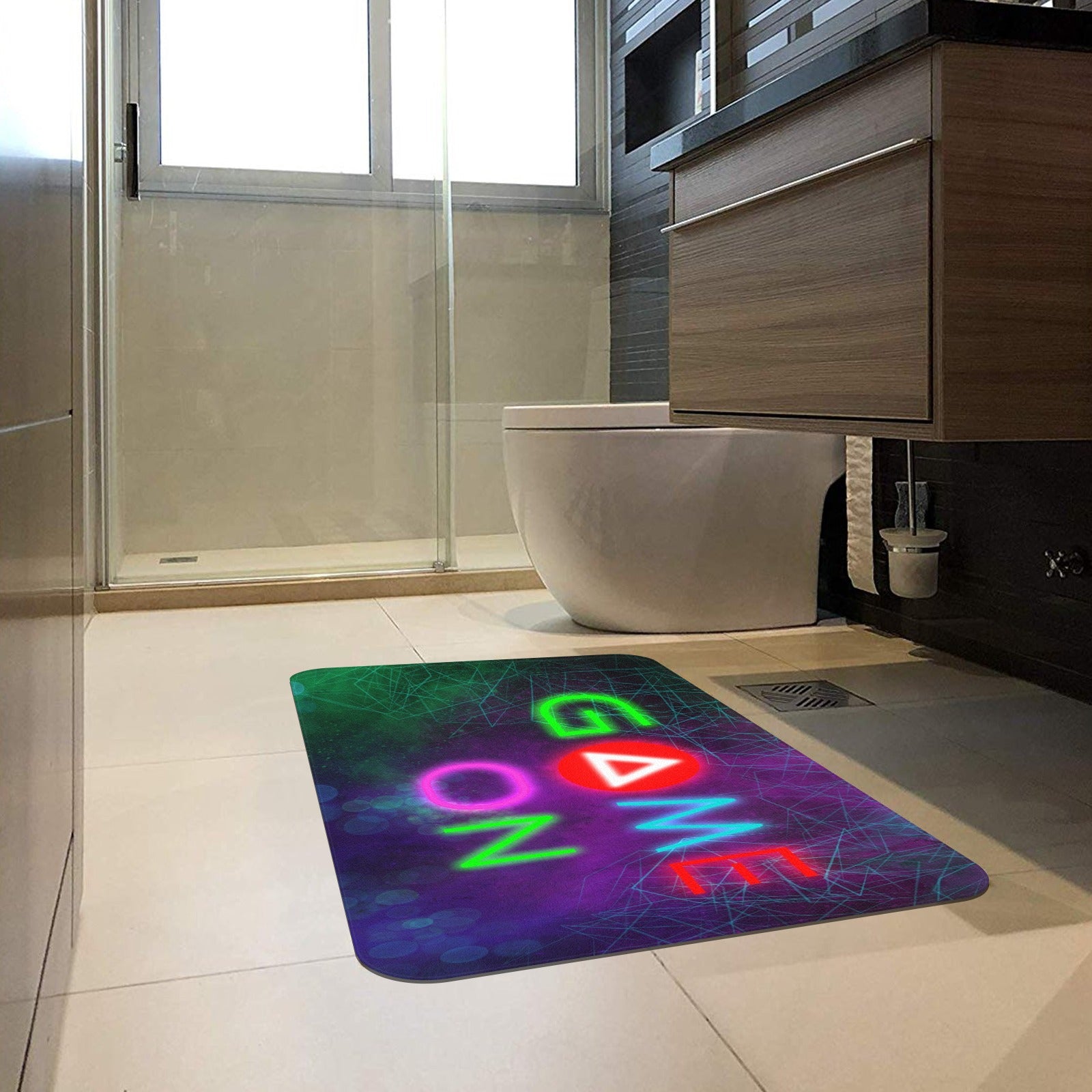 Neon game design doormat in bathroom setting, rubber floor mat for indoor/outdoor use