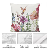 Plush throw pillow cover with watercolor hummingbird and floral design, soft fabric, invisible zipper, and neat stitches.