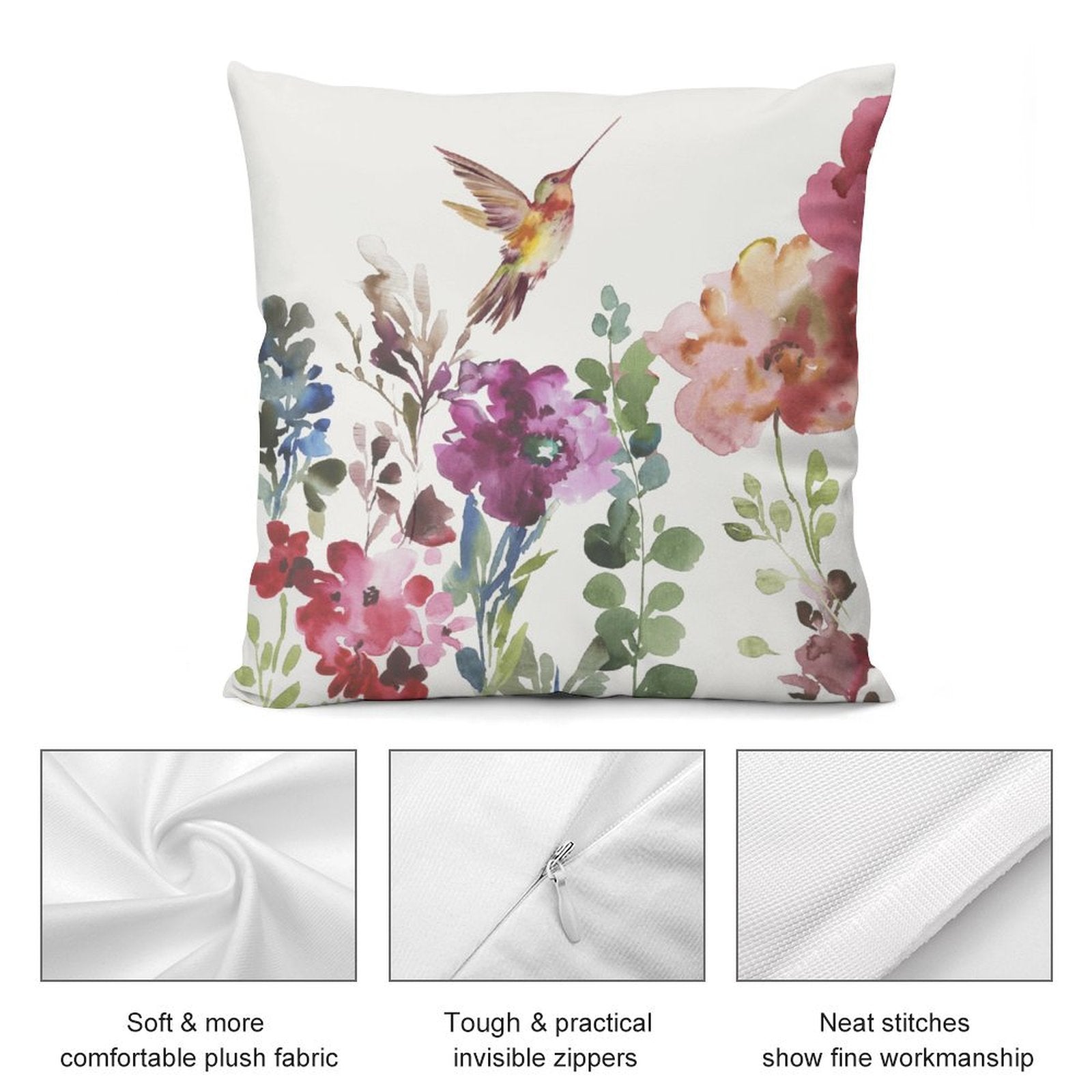 Watercolor hummingbird pillow cover. Soft plush fabric with floral design and invisible zipper.