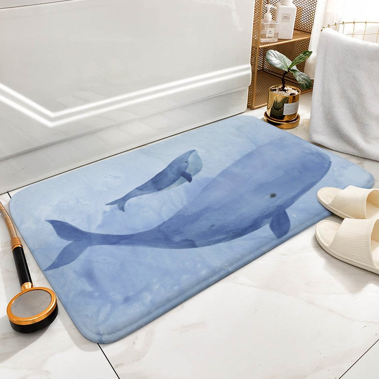 Blue whale watercolor bath rug, non-slip and absorbent coral velvet bathroom rug.