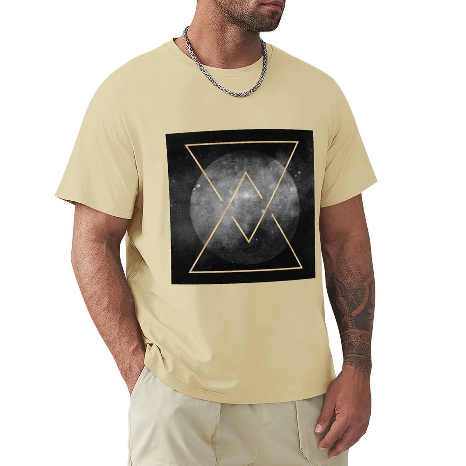 MyArtsyGift Men's tan crew neck t-shirt with gold geometric design, cotton classic tee.