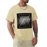 MyArtsyGift Men's tan crew neck t-shirt with gold geometric design, cotton classic tee.