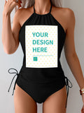 Custom black swimsuit for women with "YOUR DESIGN HERE" text, personalized bathing suit