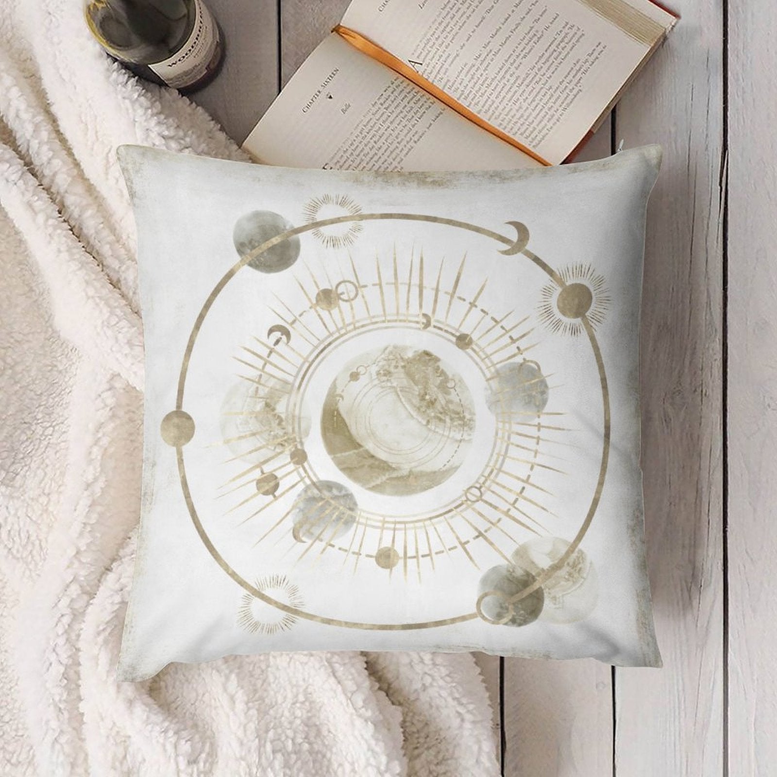 Luxury plush pillow cover with celestial design, soft and fluffy, perfect for sofa and living room decor.