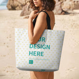 Customizable tote bag with "YOUR DESIGN HERE" heart pattern, ideal for shopping, beach, or gifts.