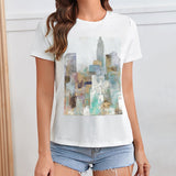 Women's white short sleeve crewneck t-shirt with abstract cityscape graphic, MyArtsyGift