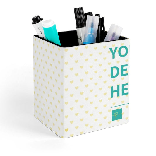 Personalized Square Leather Pen Holder with Heart Pattern - Office Desk Organizer