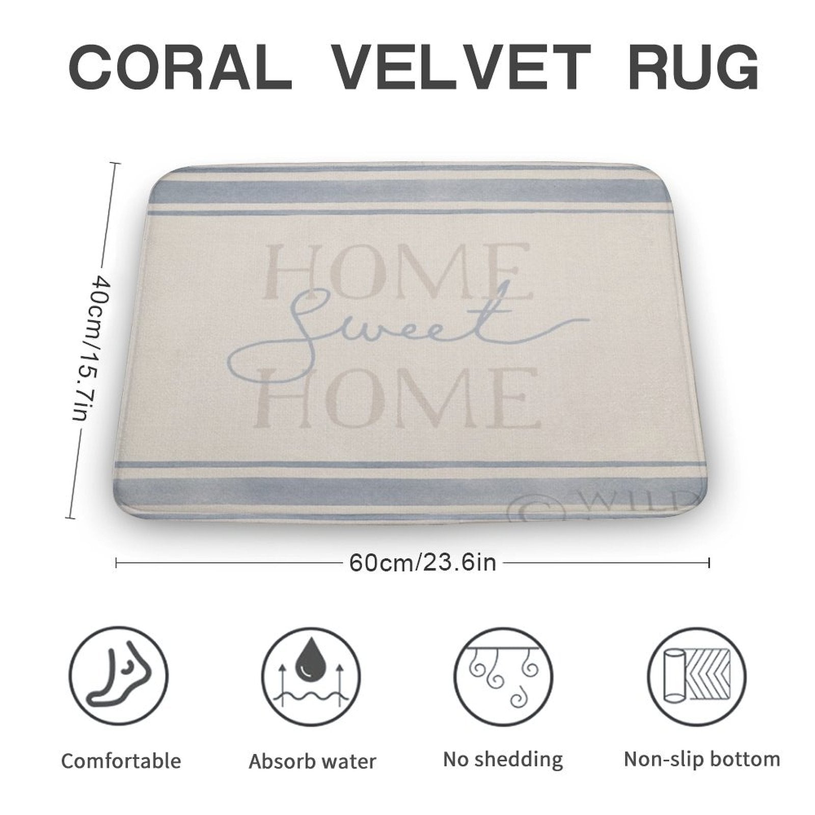Coral velvet rug, HOME Sweet HOME text, non-slip bathroom rug
