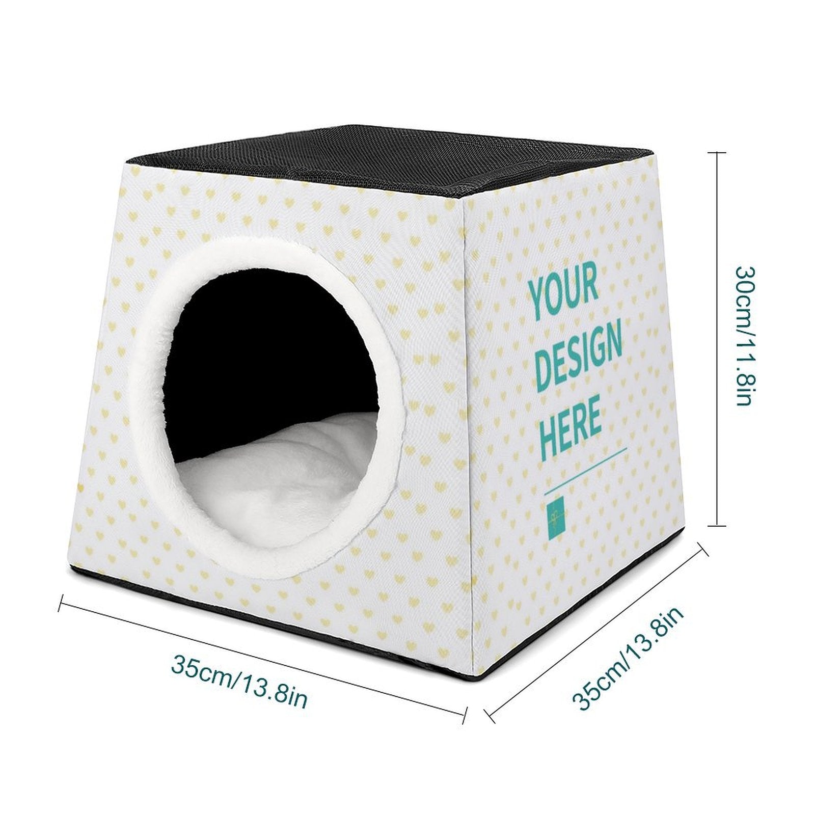 Custom Capsule Pet House with heart pattern, includes "YOUR DESIGN HERE". Made of Oxford fabric.