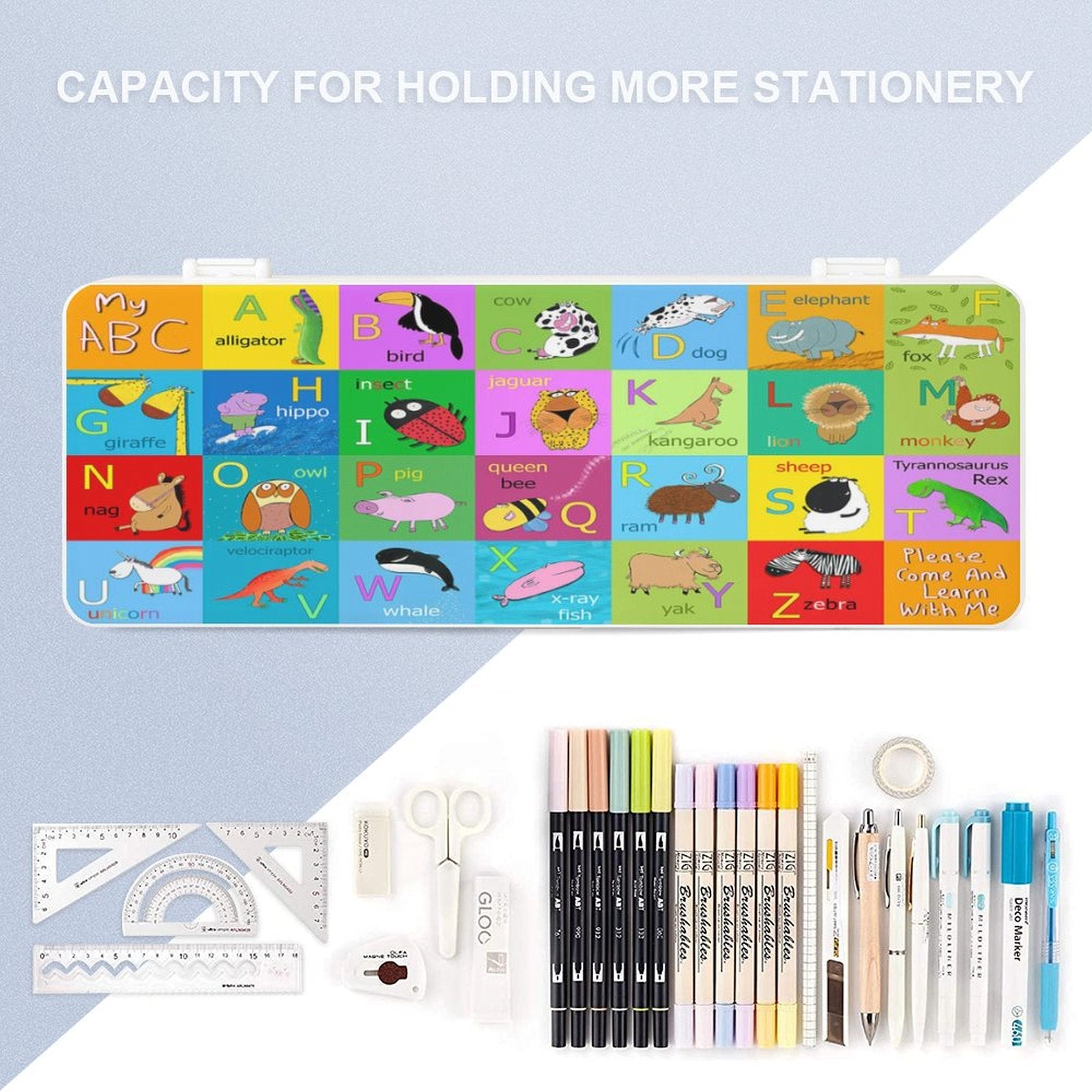 Colorful ABC pencil box with animal illustrations and stationery. Features the phrase "Please Come And Learn With Me".