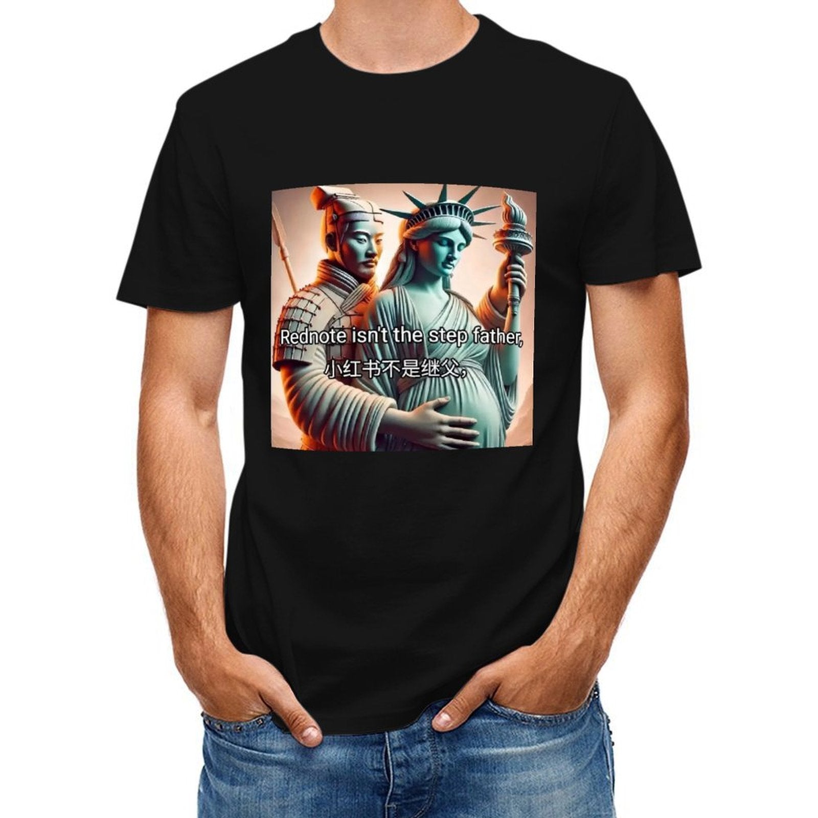 Black cotton unisex T-shirt featuring 'Rednote isn't the step father' meme design, ideal for men and women.