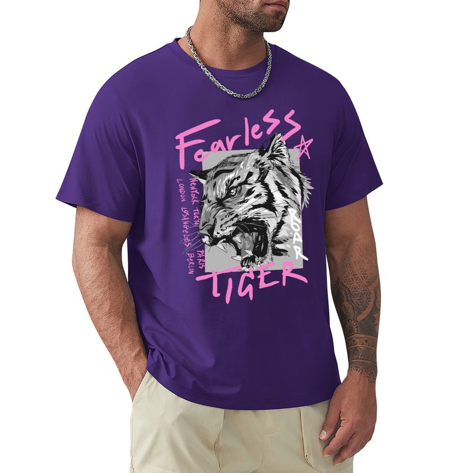 Men's purple Fearless Tiger t-shirt. Cotton crew neck tee, streetwear style, comfortable fit.