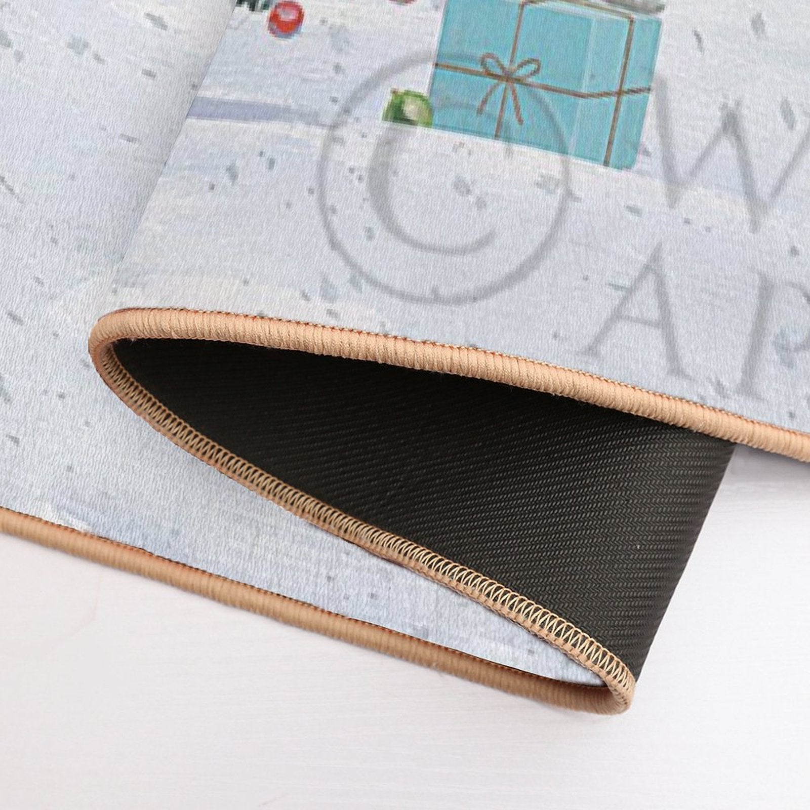 Personalized flannel floor mat, winter scene, non-slip washable door mat, MyArtsyGift logo.