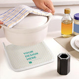 Customizable potholder with 'YOUR DESIGN HERE' design, made of polyester, kitchen accessory for baking and grilling