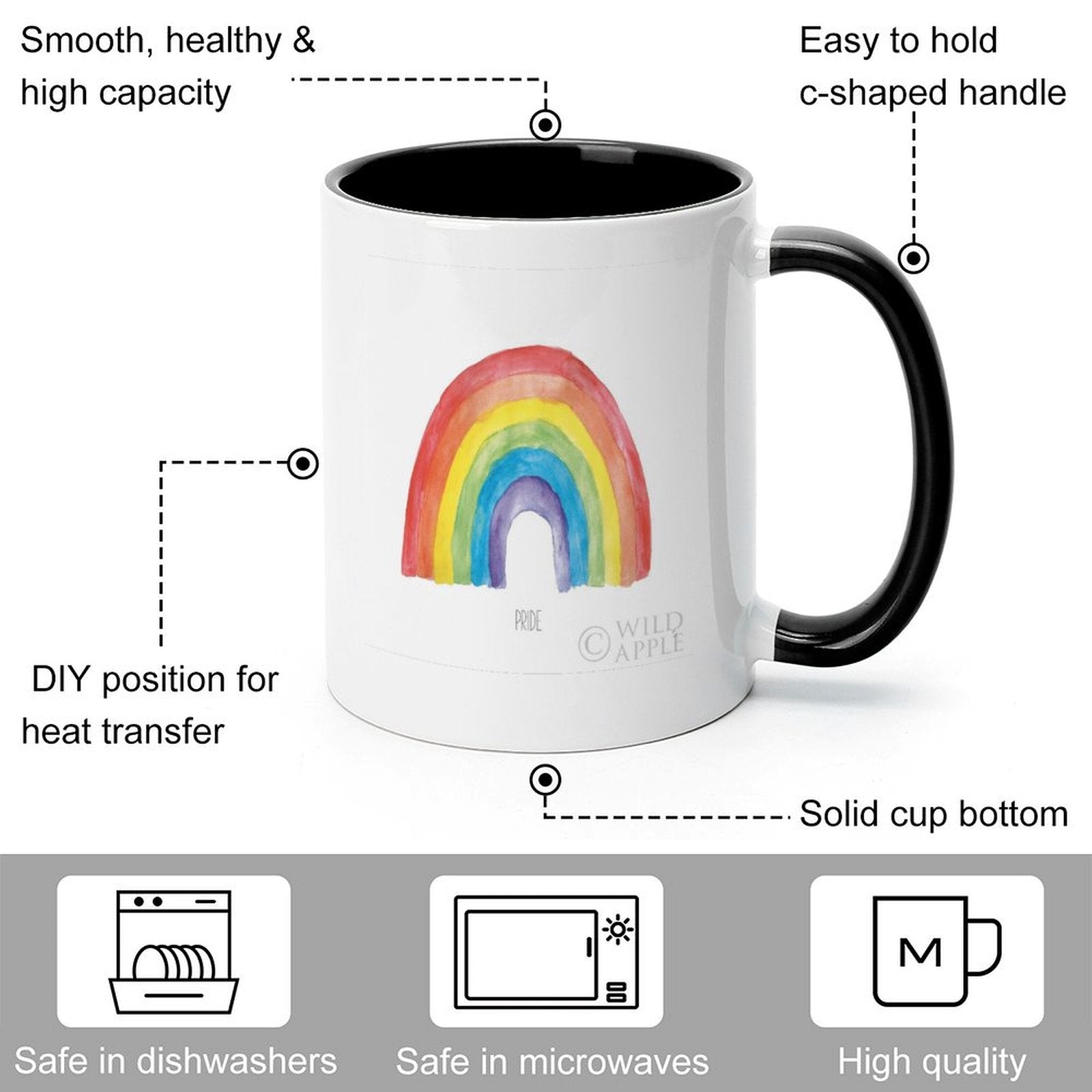 Personalized white ceramic mug with rainbow Pride design, black handle, dishwasher safe, and microwave safe.