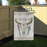 Welcome double sided garden flag with bull skull and feather design for yard decor, farmhouse decor, made in the USA