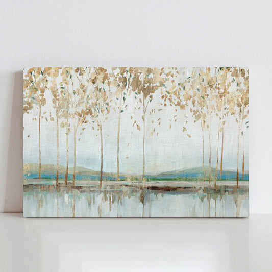 Canvas print of a reflective landscape with trees, water, and mountains. Perfect wall art.