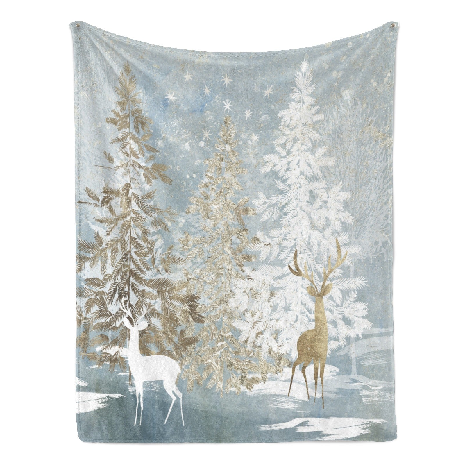 Blue winter forest deer flannel blanket, perfect for sofa or bed, made in USA.