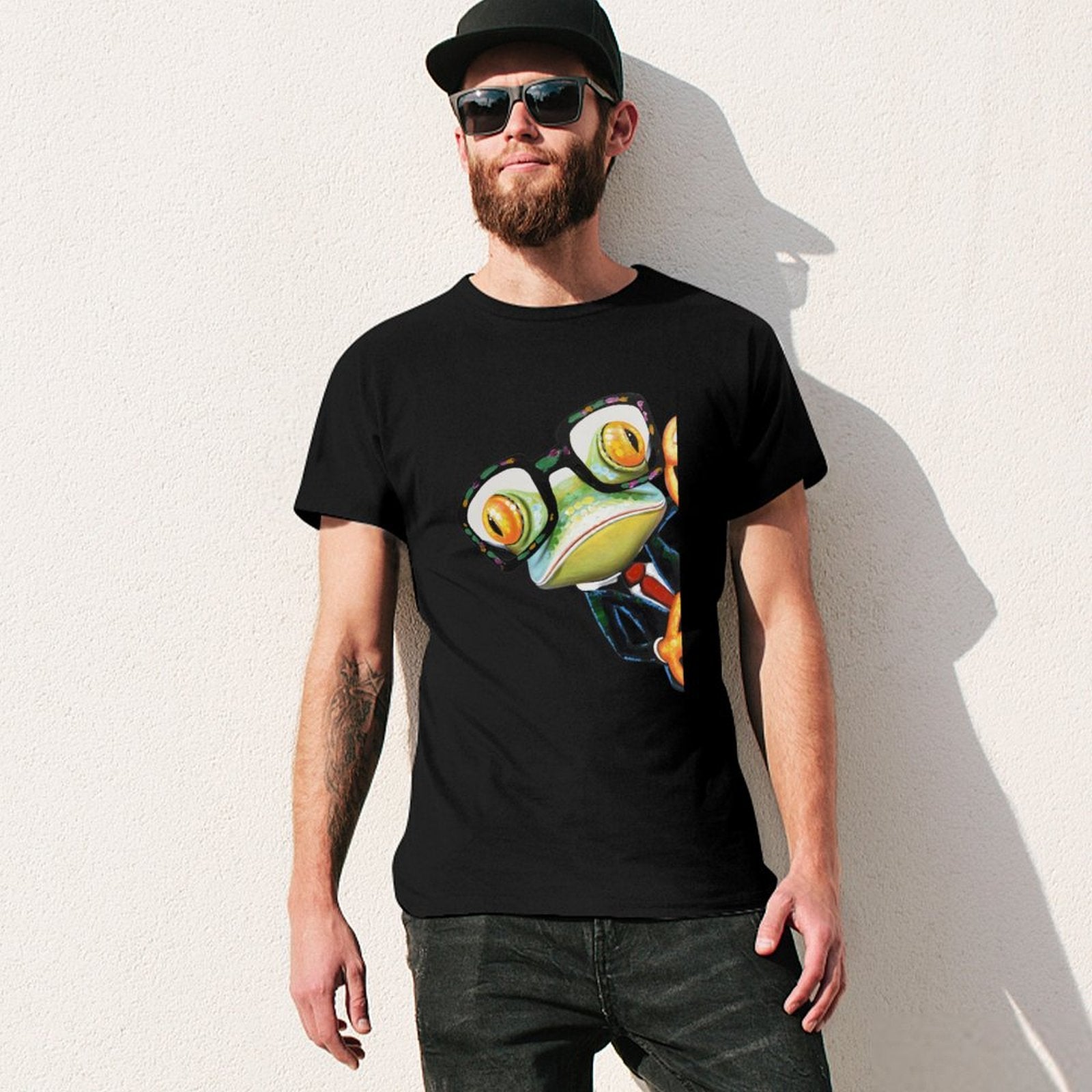 Men's black crew neck t-shirt with frog graphic, Classic Tees for Men, S - 6XL