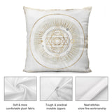 White plush pillow cover with gold geometric design, sofa cushion, soft plush fabric, invisible zipper, and neat stitches.
