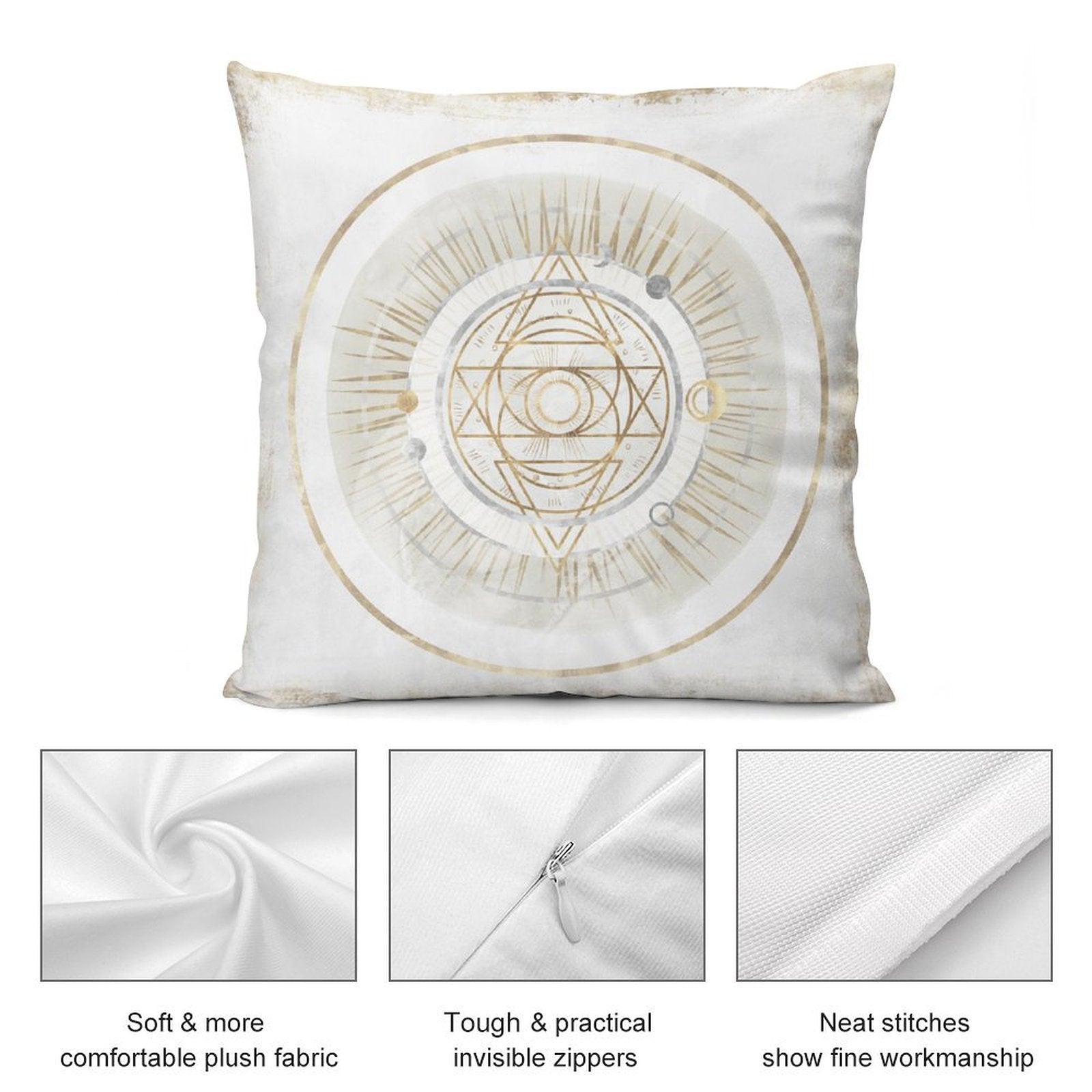 White plush pillow cover with golden geometric design, soft fabric, invisible zipper, and neat stitches.