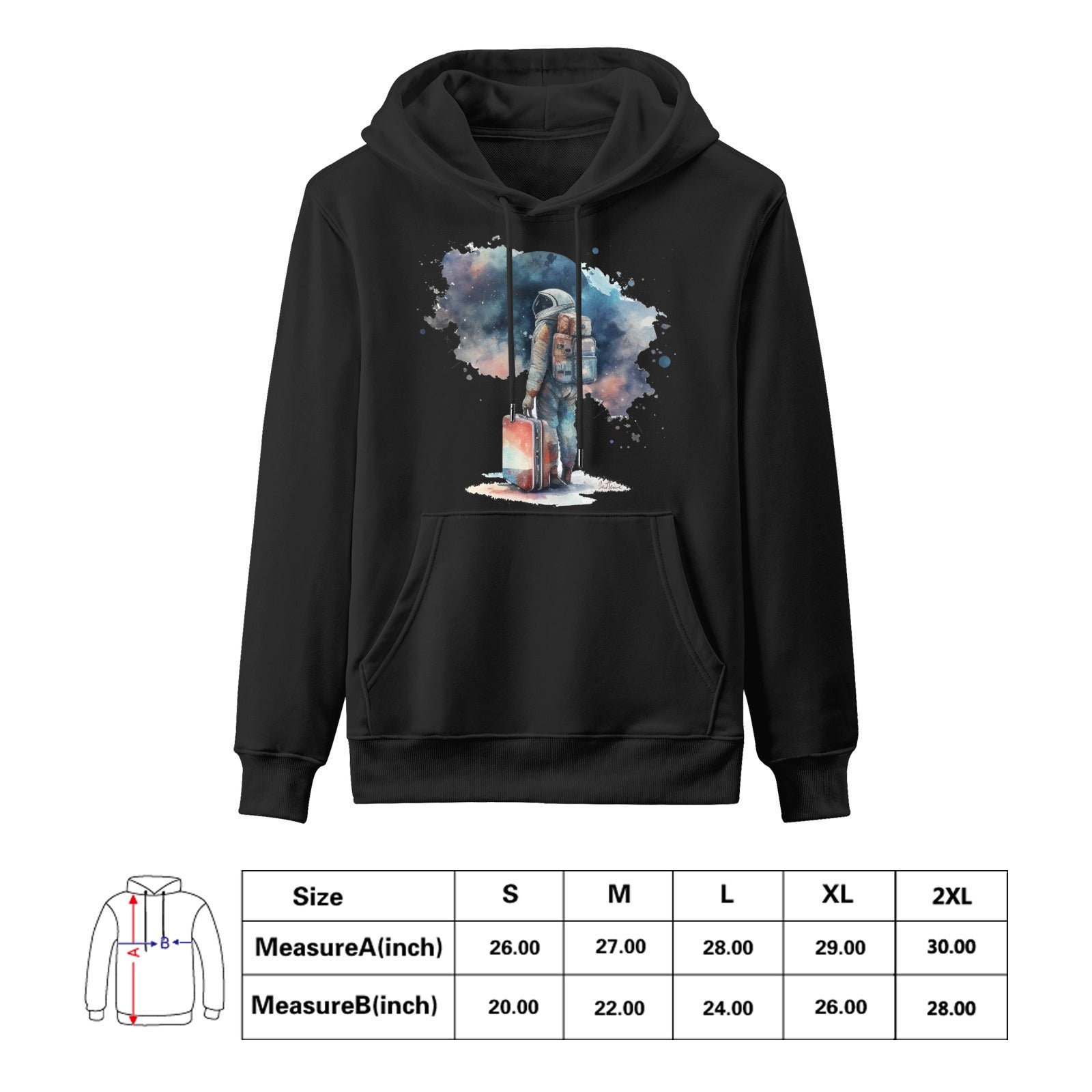 Black Astro Cruiser Men's Hooded Sweatshirt featuring an astronaut with luggage, 100% cotton.