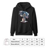 Black Astro Cruiser Men's Hooded Sweatshirt featuring an astronaut with luggage, 100% cotton.