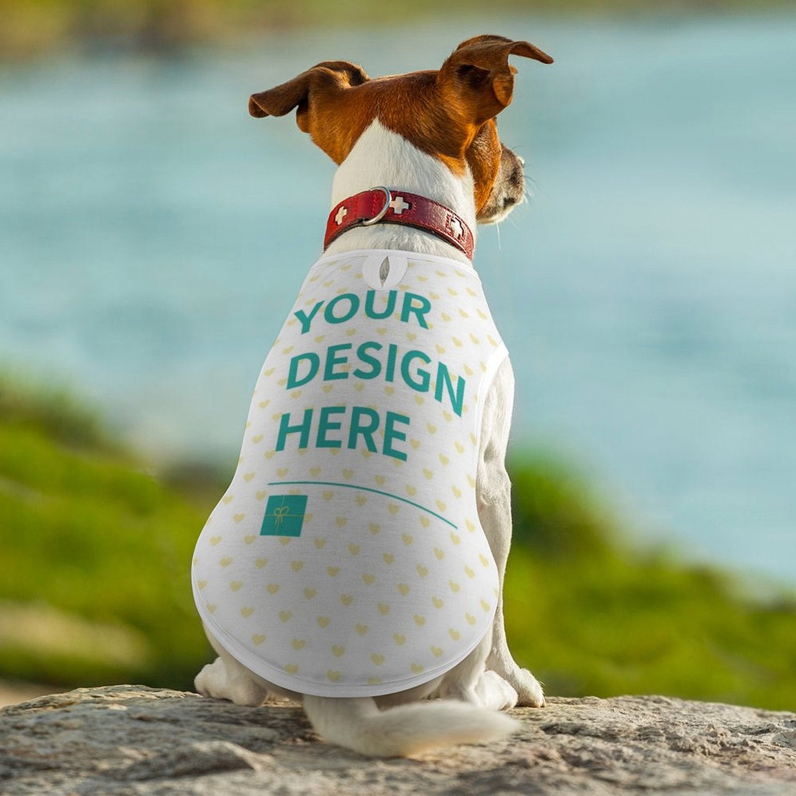 Personalized dog vest featuring 'YOUR DESIGN HERE', cotton-like fabric with heart pattern, from MyArtsyGift