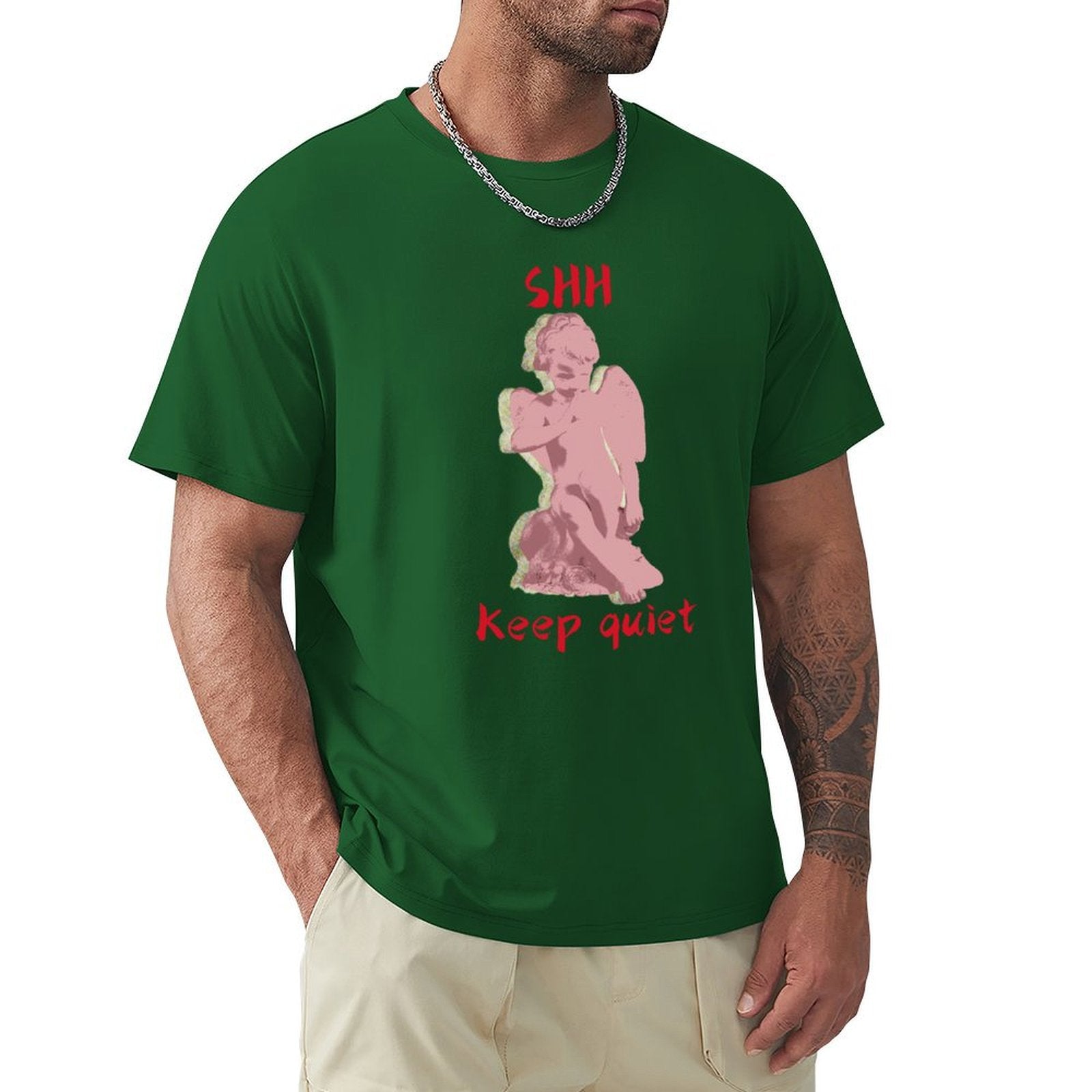 Green crew neck t-shirt with pink angel graphic and "SHH Keep quiet" text, MyArtsyGift