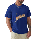 Men's blue crew neck t-shirt with cat zipper pocket design. Classic tee for cat lovers.