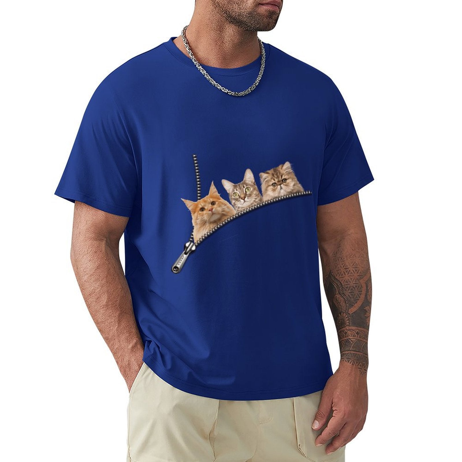 Royal blue men's t-shirt with playful cat zipper pocket design. Comfortable, pure cotton fabric.