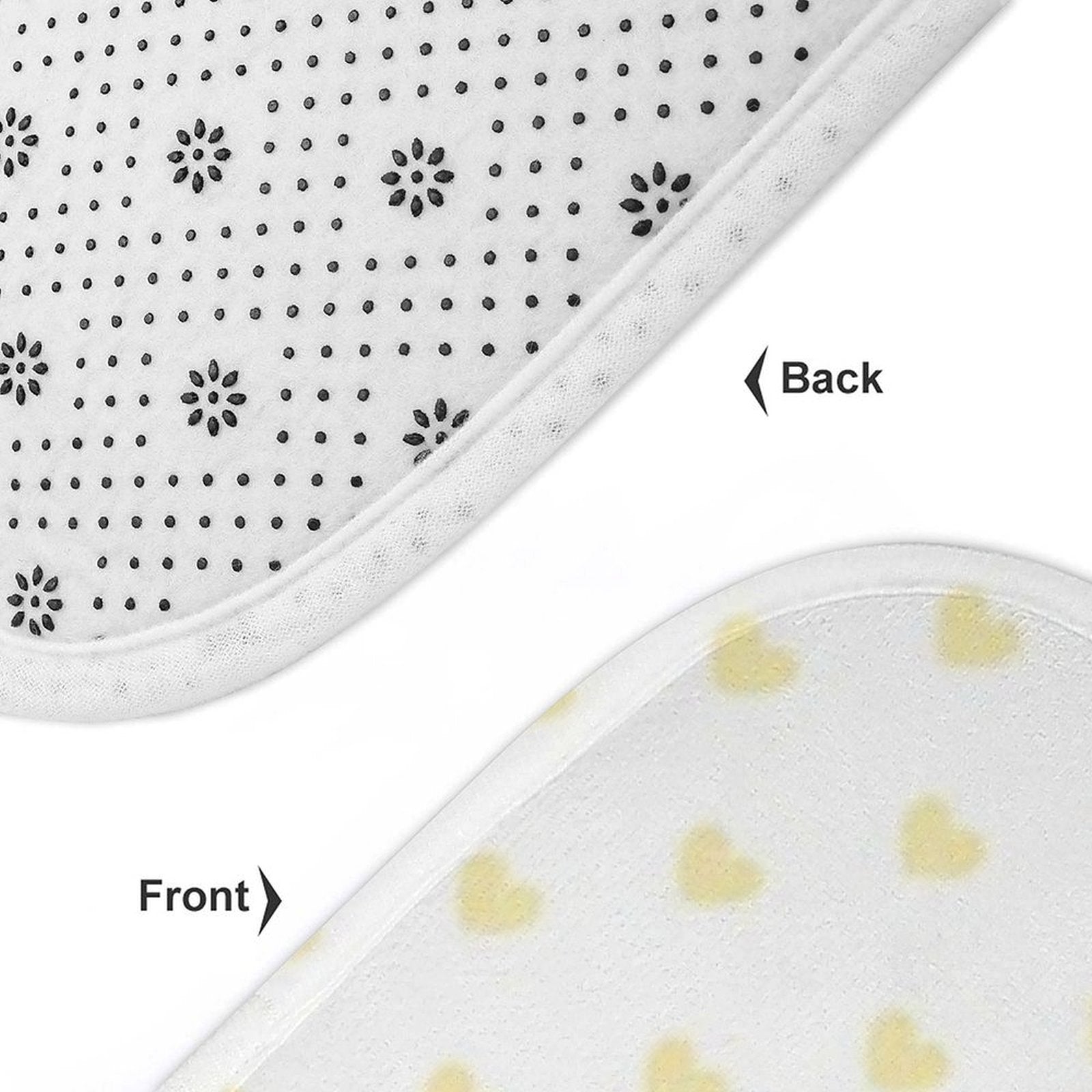 Custom bathroom rug set detail showing anti-slip back and heart pattern design, coral fleece material