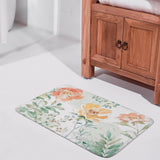 Coral velvet bath rug with watercolor floral design, non-slip for bathroom.