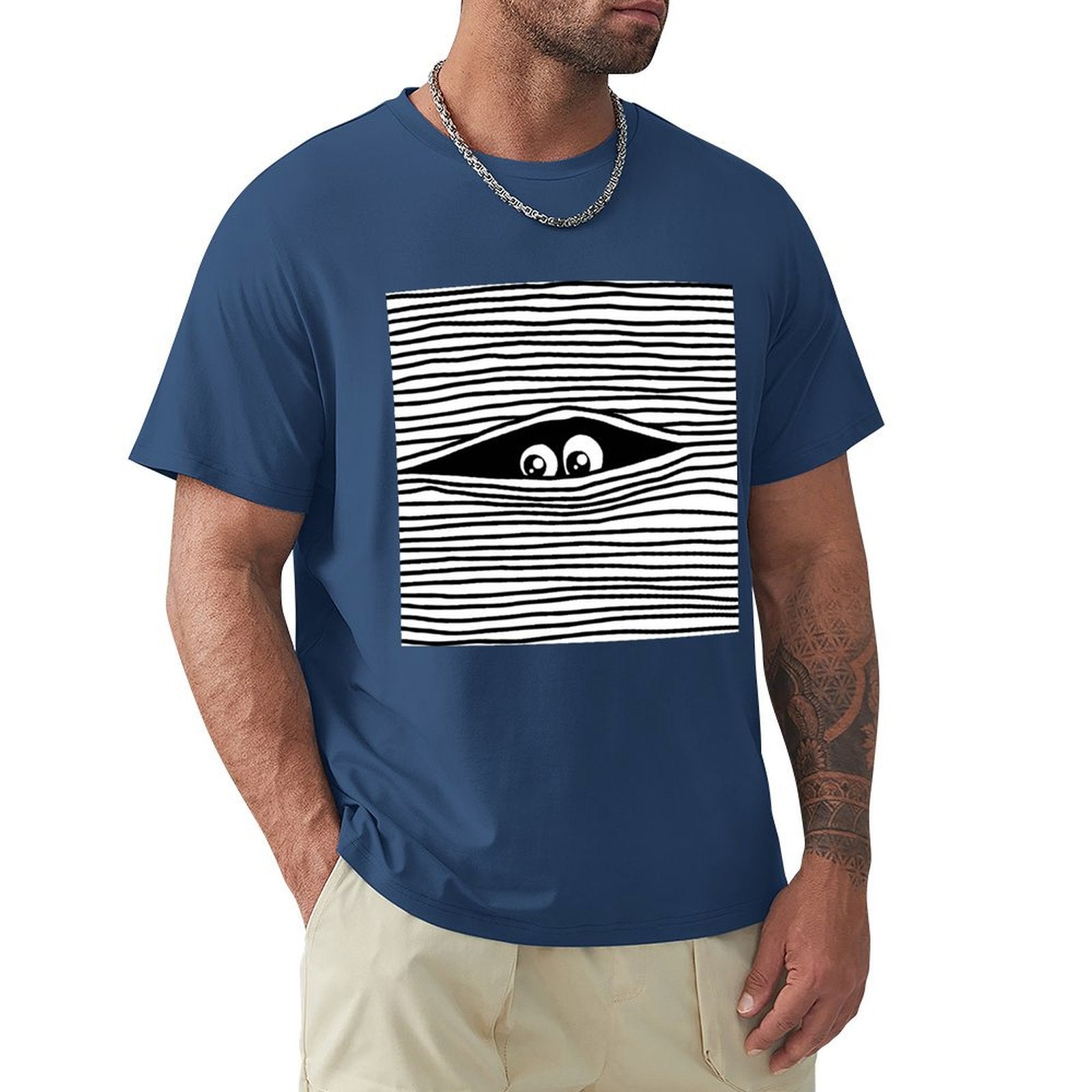 Navy blue men's crew neck t-shirt with eye graphic. Unique tee for MyArtsyGift.