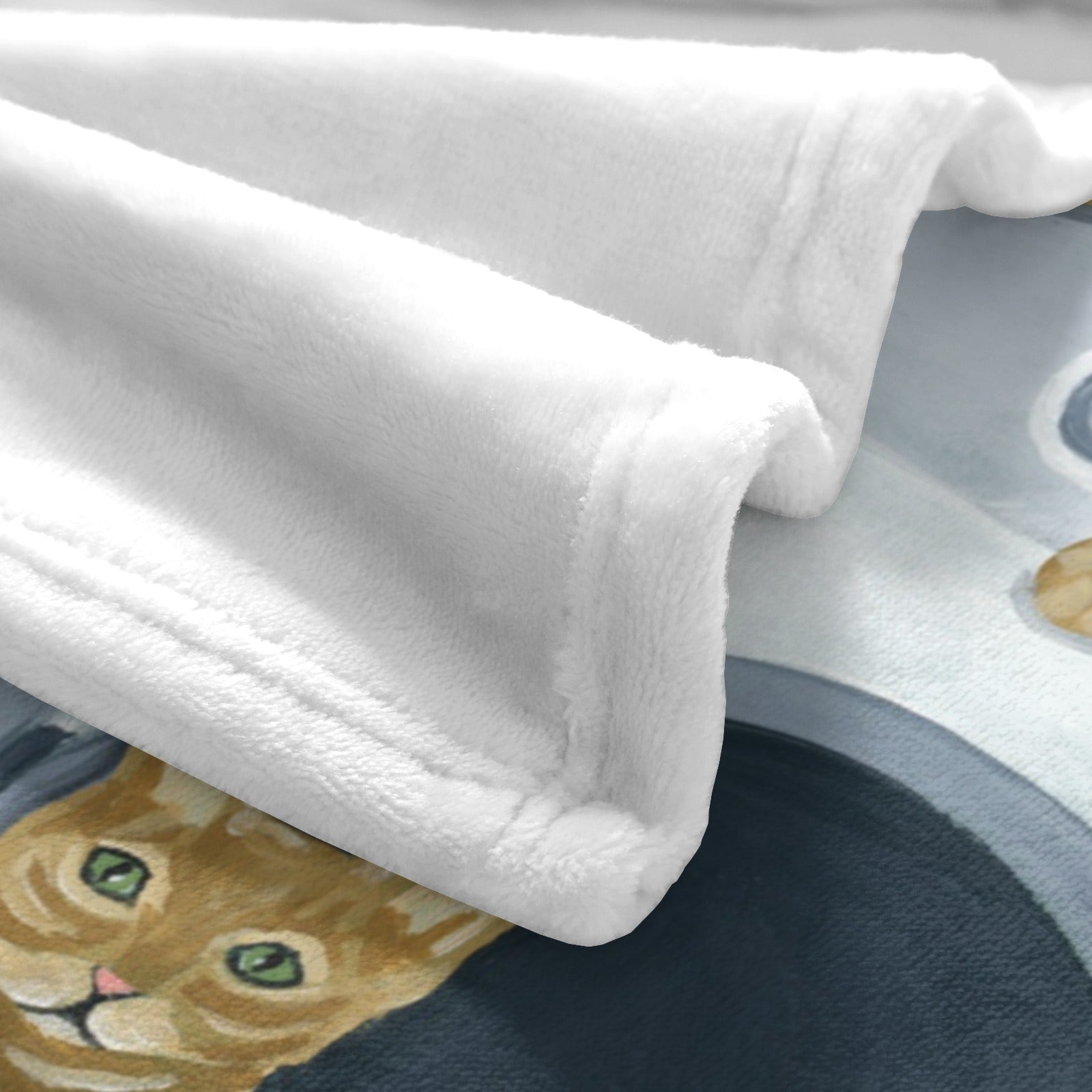 Laundry Cats Flannel Blanket, white polyester, USA made. Cat design detail, soft and cozy for sofa or bed.