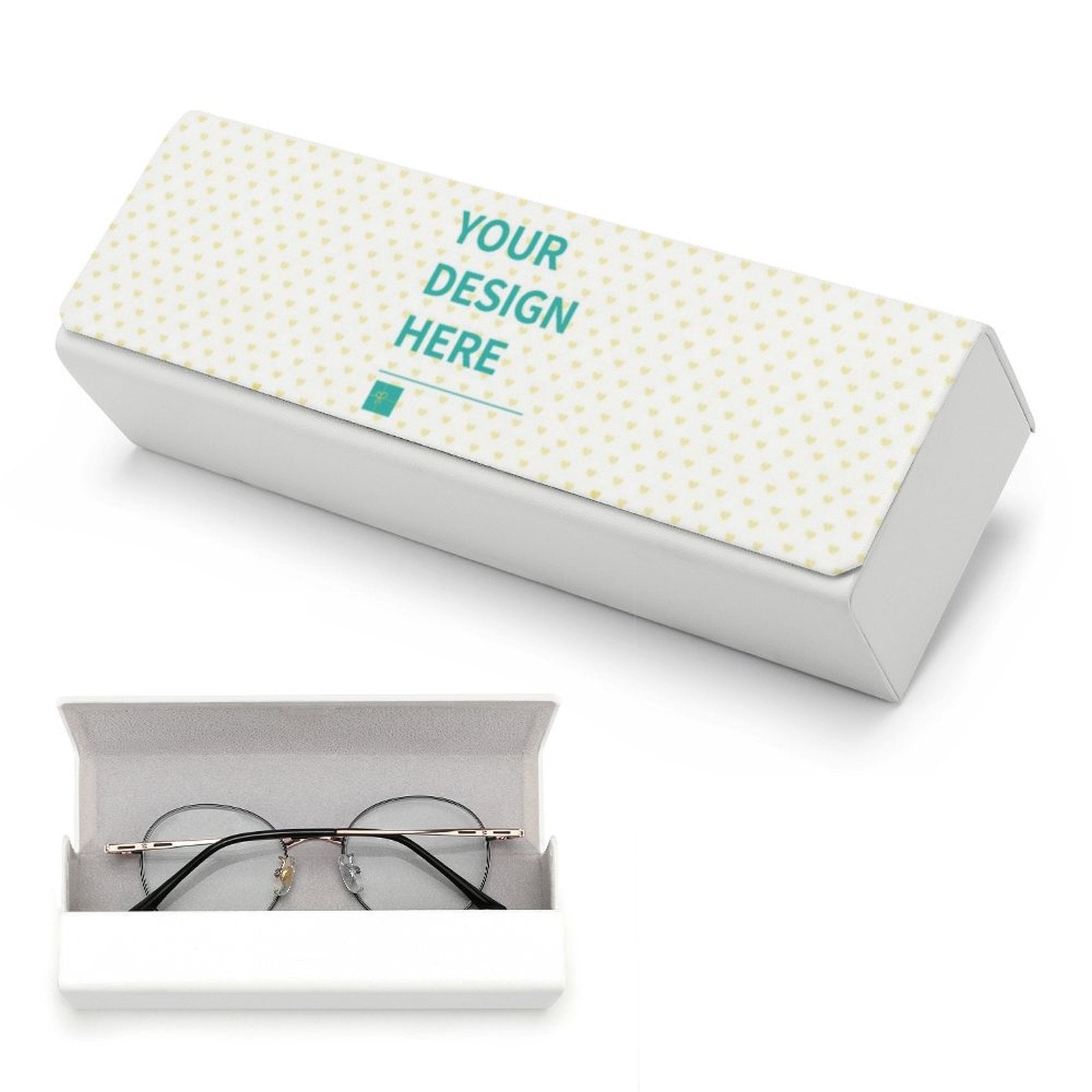 Custom eyeglass case with 'YOUR DESIGN HERE' text, leather case, a perfect personalized gift