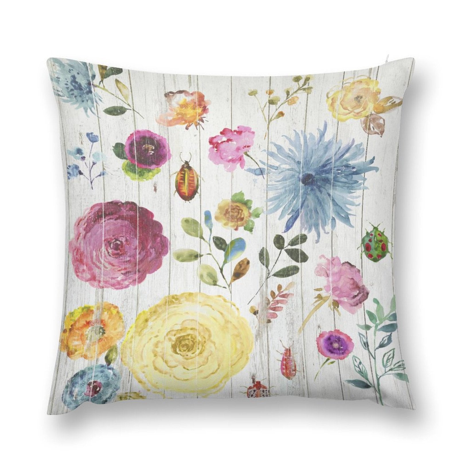 Plush throw pillow cover with floral watercolor design on white wood background. Decorative pillow covers for sofa.