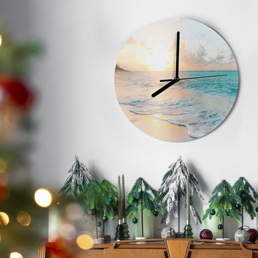 Round blue beach MDF wall clock, sunset design, for living room or office decor