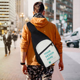 Customizable black sling backpack with your design area, perfect for outdoor activities.