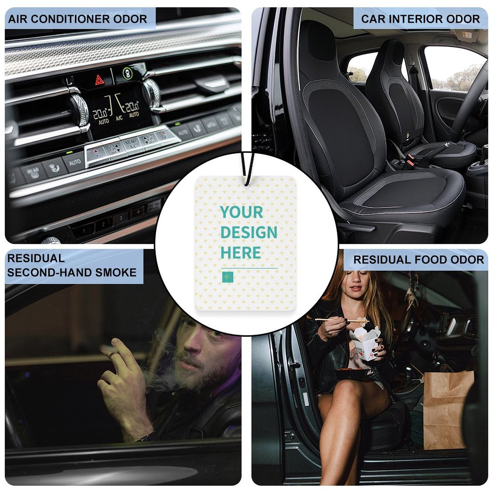 Customizable air freshener for car interior with 'YOUR DESIGN HERE' text, effective against odors, perfect car decor.