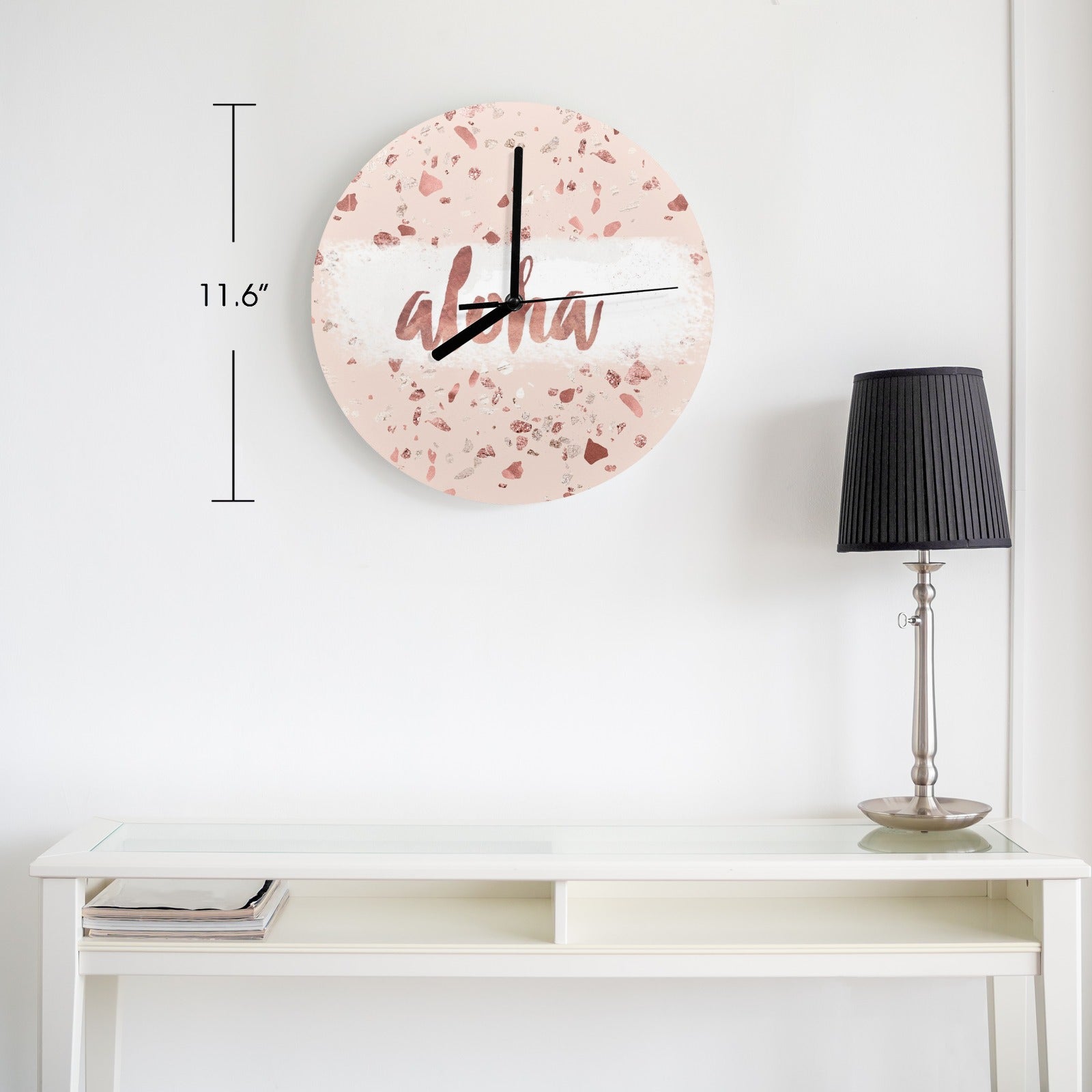 Pink MDF wall clock with 'aloha' text for living room, office decor. Modern terrazzo pattern.