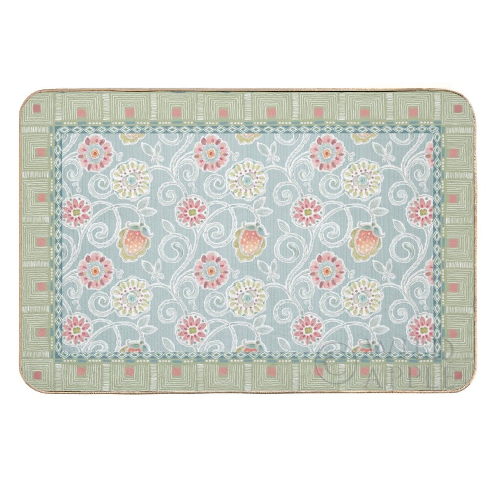 Customizable floral design door mat for bedroom, washable rug in light blue, pink, and green.
