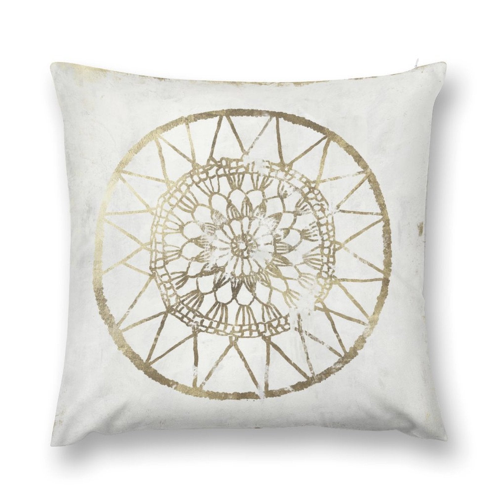 White throw pillow cover with golden mandala design for sofa or couch.
