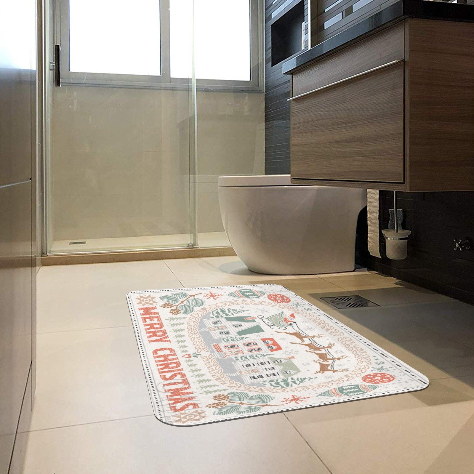 Merry Christmas white rubber doormat with Santa, reindeer, houses design for indoor/outdoor use.