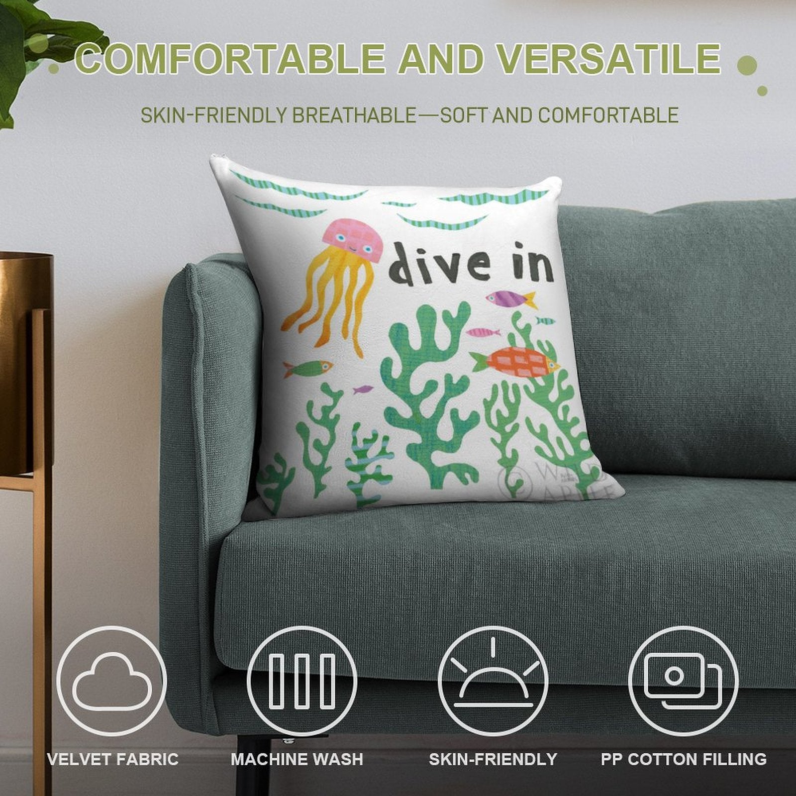 Super soft ocean themed throw pillow case set, "dive in" text, velvet fabric and machine washable, living room decor.