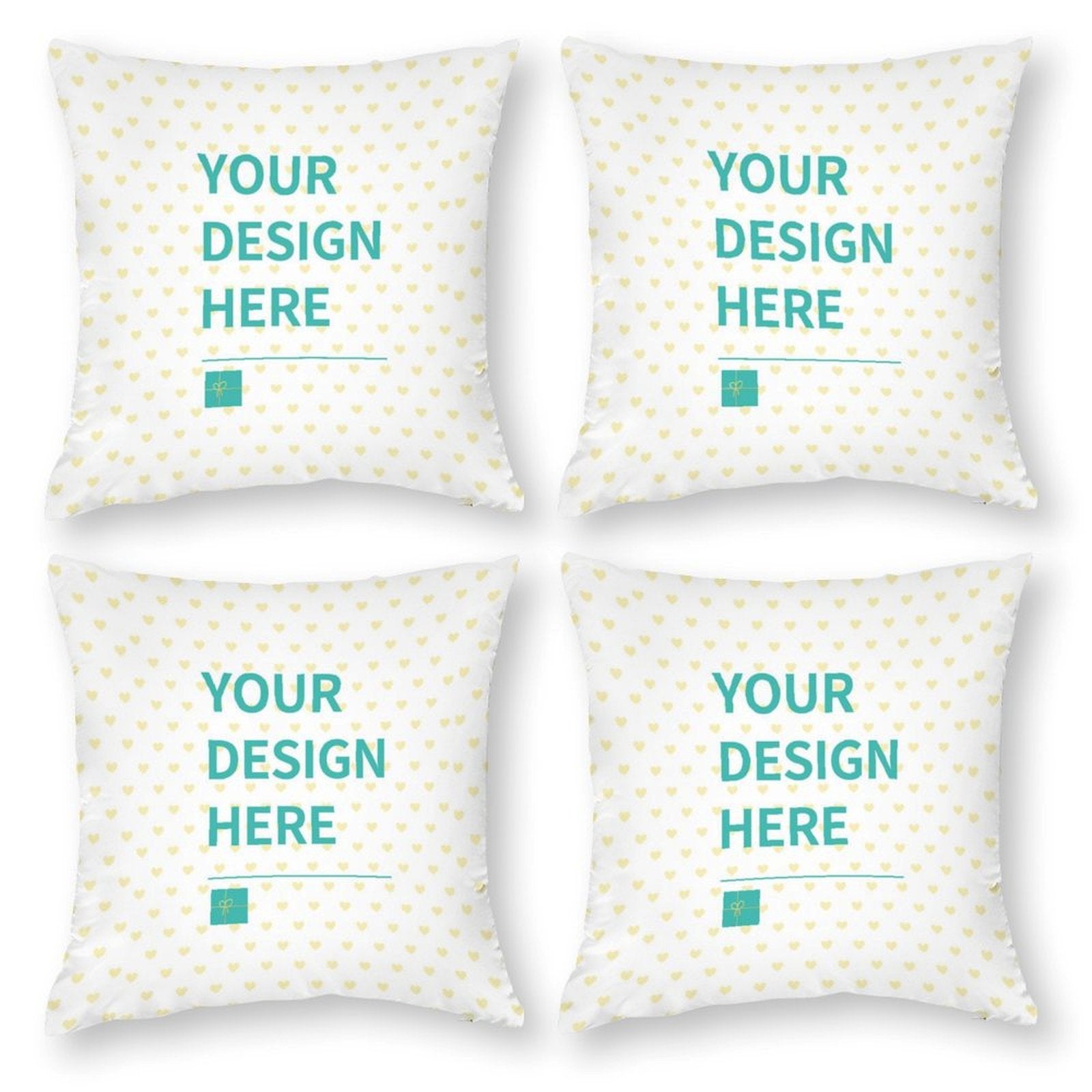 Custom pillowcase set of 4 with 'YOUR DESIGN HERE' text, polyester material, perfect for bedroom or living room.