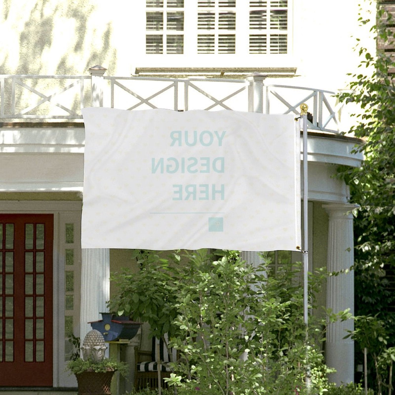 Customizable outdoor flag with 'YOUR DESIGN HERE' on white polyester, perfect for personalized home decor.
